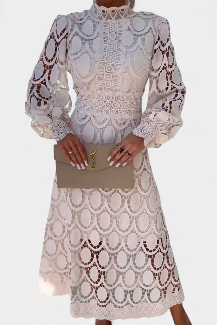 Matilda Vestido Midi de Encaje con Mangas Farol y Cuello Alto